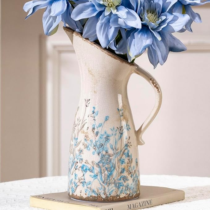 Vintage Ceramic Pitcher Vase with Handle, Farmhouse Blue and Brown Large Floral Vases, French Country Decorative Vase, Rustic Table Centerpiece for Home Decor Living Room, Bookshelf, Office 10.5 Inch