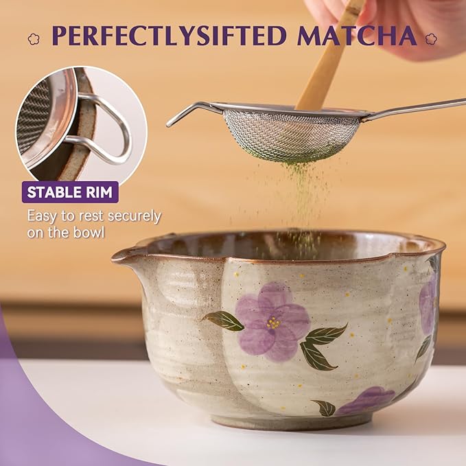 Matcha Whisk Set, 7Pcs Matcha Set with Hand-Painted Ceramic Matcha Bowl, Matcha Whisk and Holder, Scoop and Rest, Sifter, Tea Towel, Artisan Matcha Kit for Ceremony & Gifting (Purple)