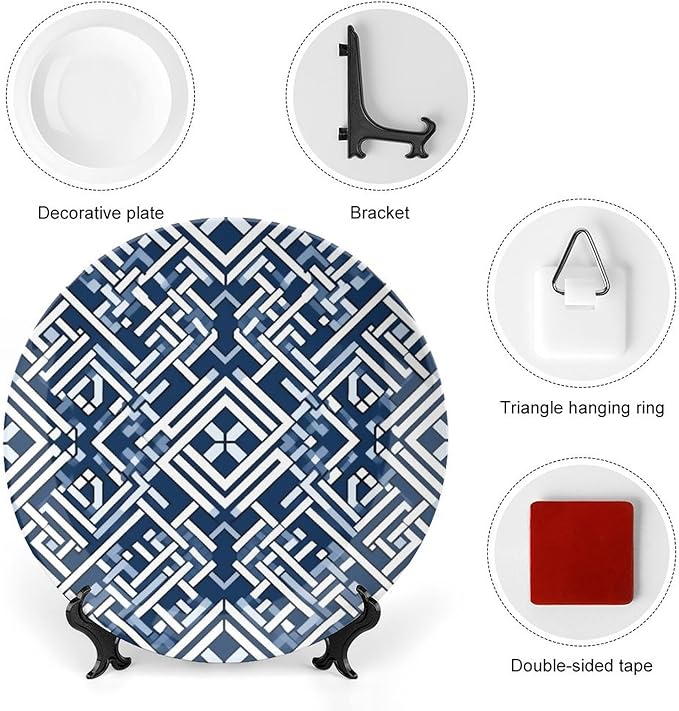 Ceramic Decorative Plate Navy Blue Geometric Customize Decor for Office Festival Art Decoration Home Porcelain Dessert Plate Set with Vertical Stand, Multi Sizes by Choosing, Gifts for Men Women