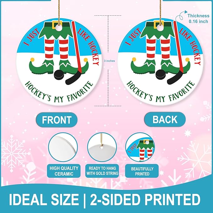 Ice Hockey Christmas Ornament -Round Ceramic 3", Holiday Tree Decoration Keepsake, Hockey Player for Boys Girls