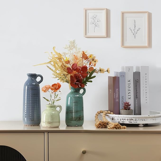 Ceramic Vase Set of 3, Vase with Handle, Modern Farmhouse Vases for Pampas Grass & Dried Flowers, Flower Vase for Table Living Room Home Decor-Multicolor