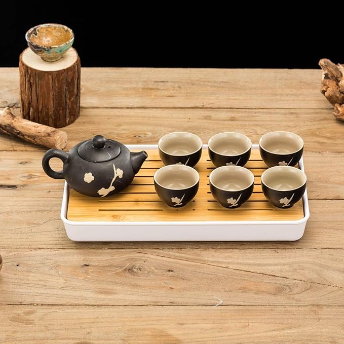 TJ Global Chinese/Japanese Ceramic Tea Set, 100% Handmade Traditional Tea Ceremony Set with Teapots, 6 Teacups, Bamboo Tea Tray with Drainage (Black)