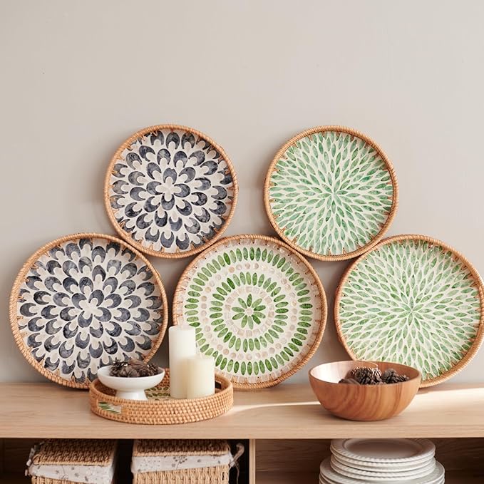 YANGQIHOME Round Serving Tray with Handle, Rattan Tray with Decorative Mother of Pearl Inlay, Round Wicker Trays for Home Decor, Coffee Table, Gifts, Dining,13.8 inch
