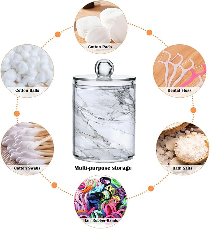 MNSRUU 4 Pack Qtip Holder Organizer Dispenser Stylish White Marble Texture Bathroom Containers Bathroom Vanity Storage Canister Apothecary Jars for Cotton Swabs/Pads/Floss