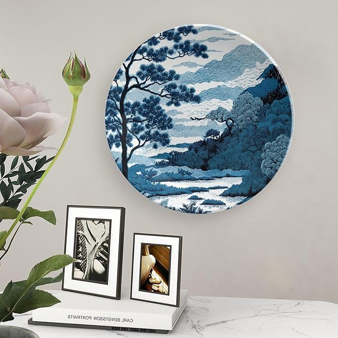 Blue And White Indigo Chinoiserie Vintage Plates, Asian Scenic Ceramic Hanging Decorative Plate for Household Wall Farmhouse Decor, Including Bracket And Special Hook Art Decorations for Club Display