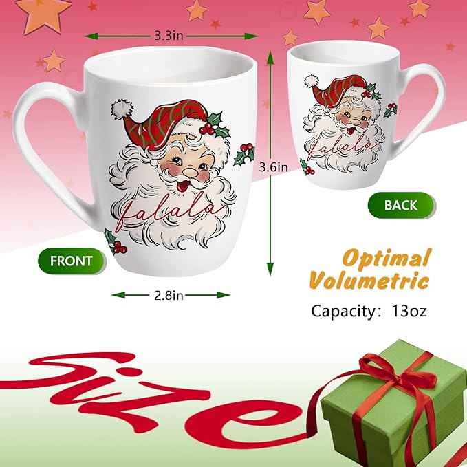 Christmas Santa Claus Ceramic Coffee Mug, 13 oz Novelty Xmas Tea Cup with Handle, Winter Holiday Gifts for Friends Women Men, Holly Berry Drink Mugs Microwave and Dishwasher Safe