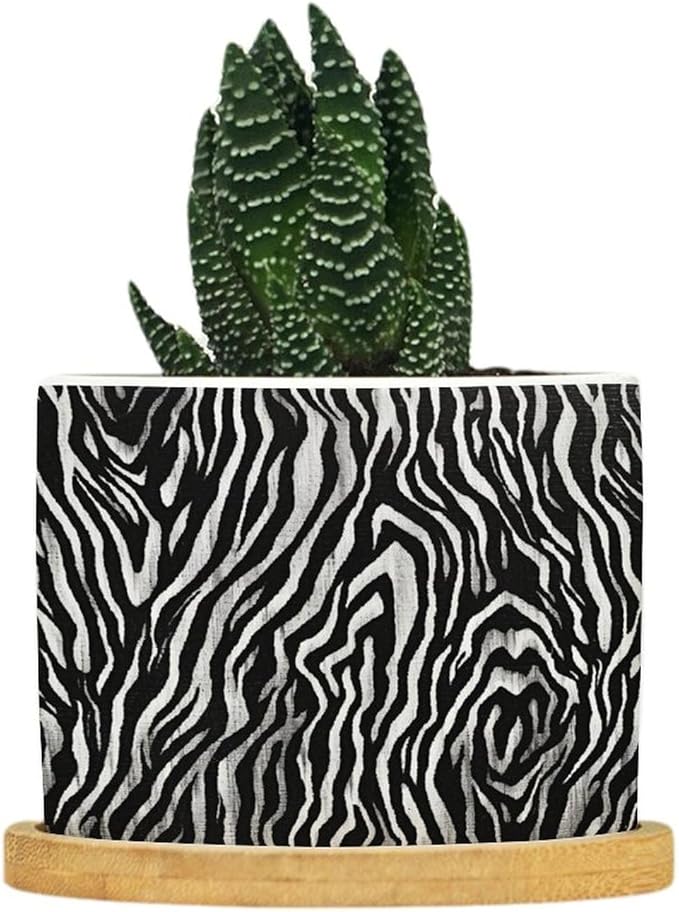 in Beige Planters Ceramic Black White Zebra Print Round Plant Pots with Drainage Holes and Bamboo Tray Pot for Pots Outdoor Indoor Plants
