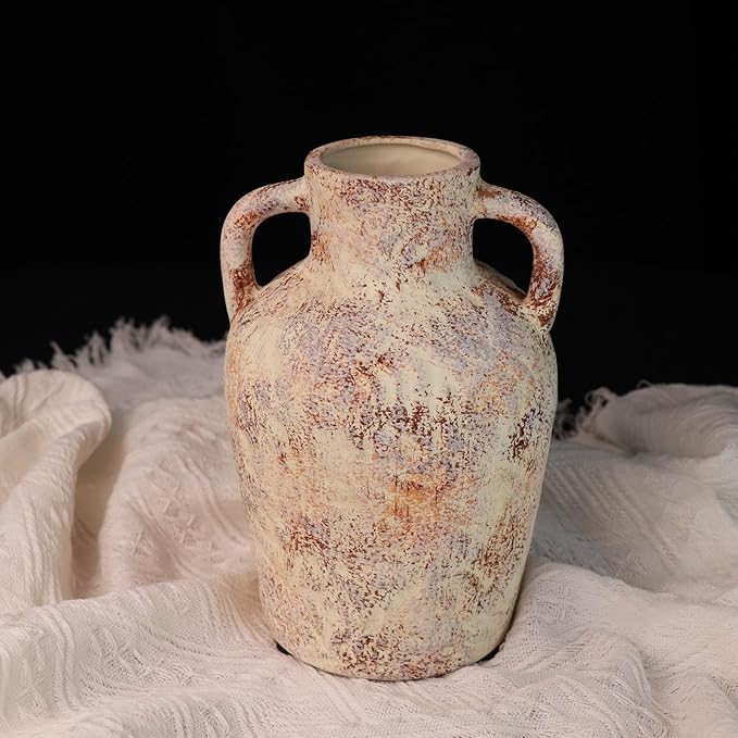 Vintage Wabi Sabi Ceramic Vase – 7.87 Inch Farmhouse Flower Vase with Handle, Rustic Decorative Pot for Entryway, Shelf, Floral Arrangement, Boho Home Decor