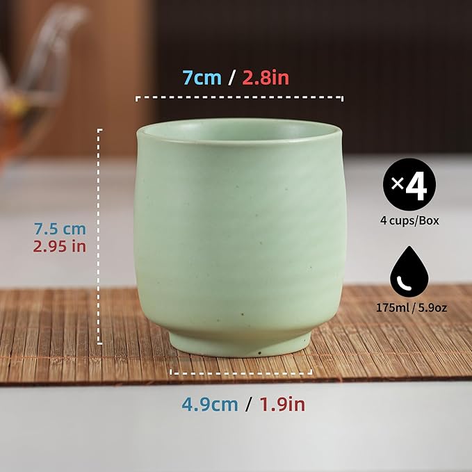 TEANAGOO Japanese Tea Cups, Chinese Tea Cup, 7.2Oz / 205 Ml, Ceramic Tea Cups for Adults, Ceramic Cups no Handles, Japanese Cups, Matcha Cup, Lt.Green, 4 Pcs/Box, H8