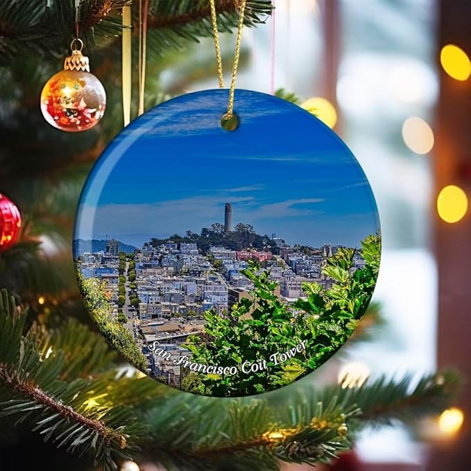 California San Francisco Tower Building USA America Christmas Ornaments Ceramic Round Hanging Pendant Xmas Decor City Travel Souvenirs 3" Porcelain Double Sided