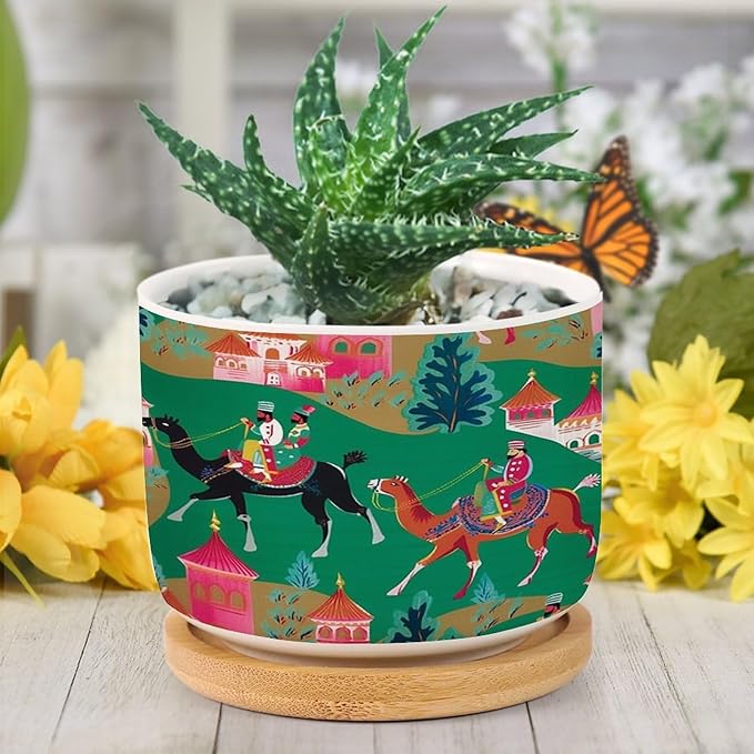 Bright Emerald Green Planter Ceramic Chinoiserie Decor Round Plant Pot with Drainage Holes and Bamboo Tray Pot for Home Desktop Office Windowsill