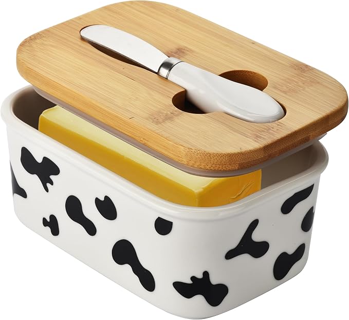 Large Butter Dish with Lid for Countertop,Musical Note Design Ceramic Covered Butter Holder with Knife for Fridge, Airtight Butter Keeper Container Storage for East West Coast Butter,White