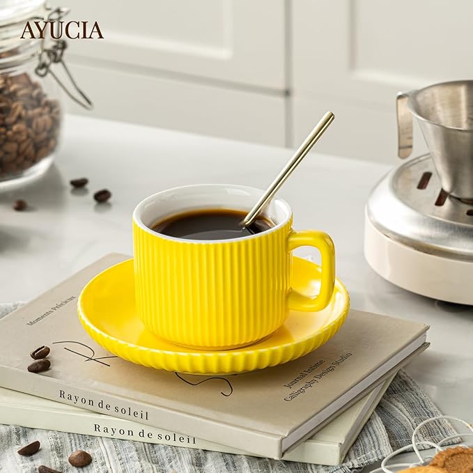 5 Ounce Espresso Cups Set of 4, Small Coffee Cups with Saucers and Spoons, Yellow Ceramic Demitasse Espresso Mugs