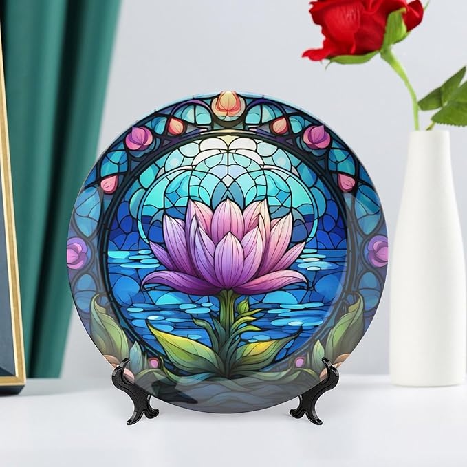 Decorative Plates, Purple Lotus Lake Landscape Stained Glass Painting Ceramic Dinner Plate Home Wobble-Plate w/ Display Stand, Wall Hanging Decor for Kitchen Household 10 Inch, Gifts for Lotus Lover