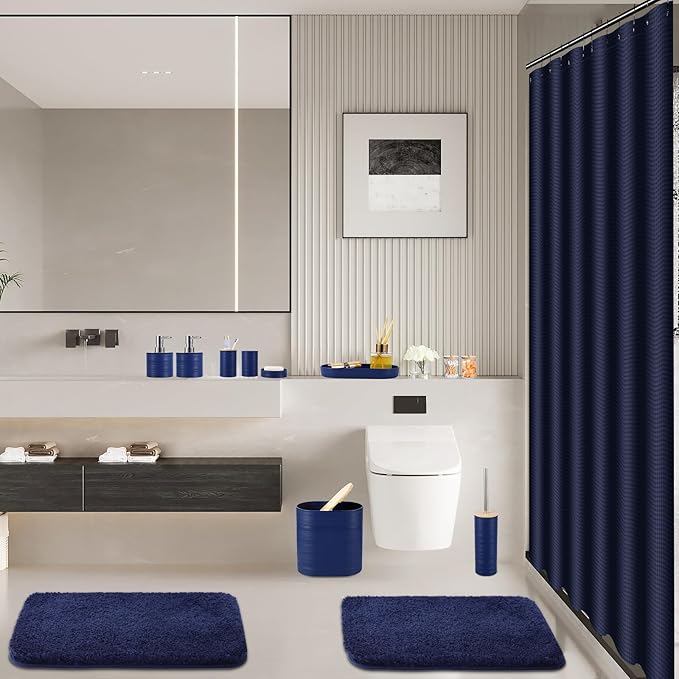 Bathroom Set - Navy Blue Bathroom Accessories Set, Bathroom Sets with Shower Curtain and Rugs, 25PC Shower Curtain Set with Hooks, Soap Dispenser, Soap Dish, Toilet Brush Holder and Trash Can