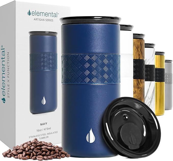Elemental Artisan Insulated Tumbler, Triple Wall Coffee Travel Mug, Reusable Stainless Steel Coffee Tumbler with Ceramic Lid, Thermal Coffee Cups for Hot (6 Hrs) & Cold (18 Hrs), 16oz - Navy Blue