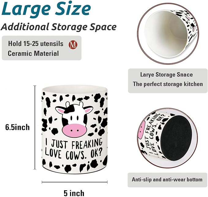 Cow Kitchen Decor, 6.5inch Ceramic Utensil Holder with Cow Design, Rustic-Style Indoor Kitchen Utensil Storage Rack, Ideal for Spoon Storage and Cooking Tools, Gift for Kitchen Organizers