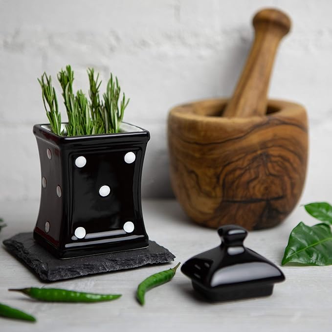 City to Cottage Handmade Small 5.3oz/150ml Ceramic Kitchen Herb, Spice, Storage Jar with Lid, Pottery Canister, Housewarming Gift (Black and White Polka Dot)