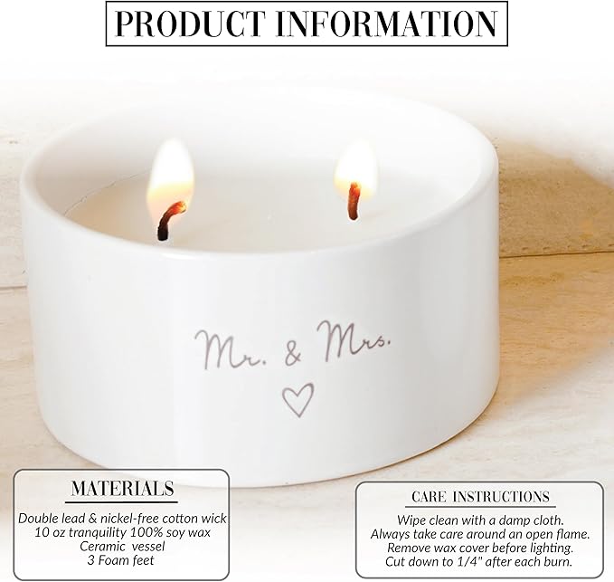 Pavilion Gift Company - Mr & Mrs - 10 oz Soy Wax Ceramic Vessel Candle Housewarming Apartment-Warming Engagement Groom Bride Newlywed Husband Wife Wedding Day Gift Present Neutral Home Decor