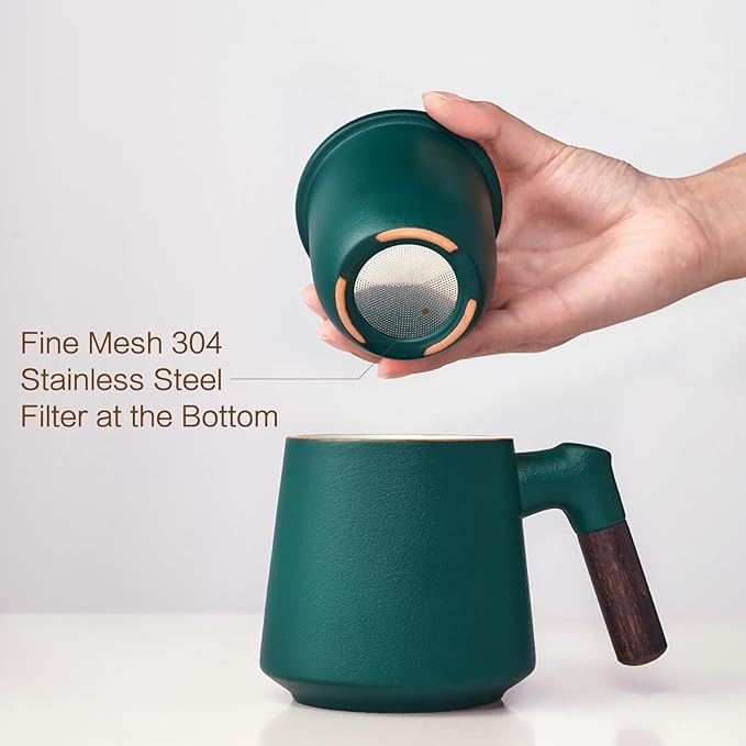 ZENS Tea Cup with Infuser and Lid, 11 oz Ceramic Steeper Mug for Loose Leaf Tea Lovers Gifts, Wood Handle Tea Strainers Green