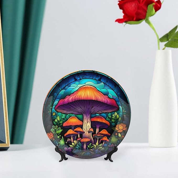 Decorative Plates, Forest Mushroom Stained Glass Painting Ceramic Dinner Plate Home Wobble-Plate with Display Stand, Wall Hanging Decor for Kitchen Household 6 Inch, Gifts for Mushroom Lovers