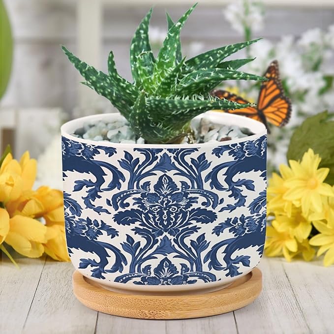 Blue Regalia Lion Ceramic Planter Chinoiserie Geometric Print Planters for Indoor Plants with Drainage Holes and Saucers Pot for Succulents Cactus Garden Windowsill