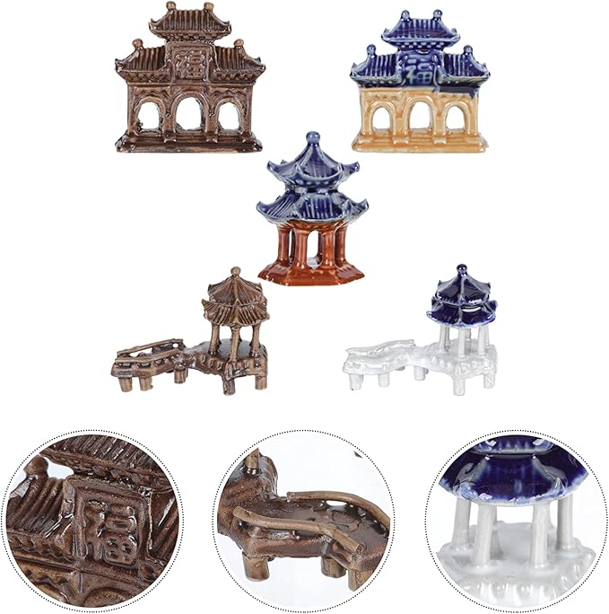 Yardwe Ceramic Pavilion Ornaments 5Pcs Miniature Garden Sculptures for Patio Lawn Bonsai Decorations Outdoor Micro Landscaping Accessories