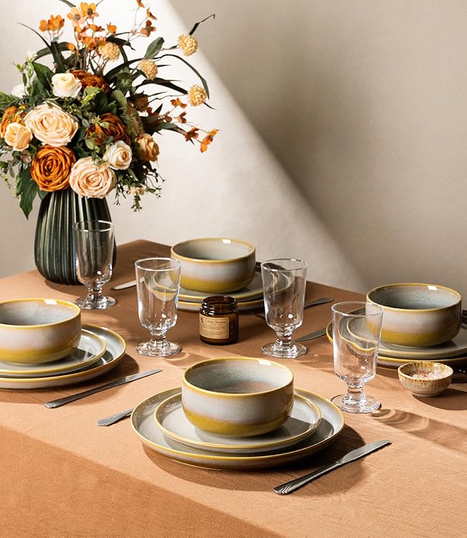 TheTerra Ceramic Dinnerware Sets for 4, 12 Pieces Handmade Reactive Glaze Plates and Bowls Set, Scratch Resistant Dish Set, Oven & Microwave & Dishwasher Safe, Autumn Haze