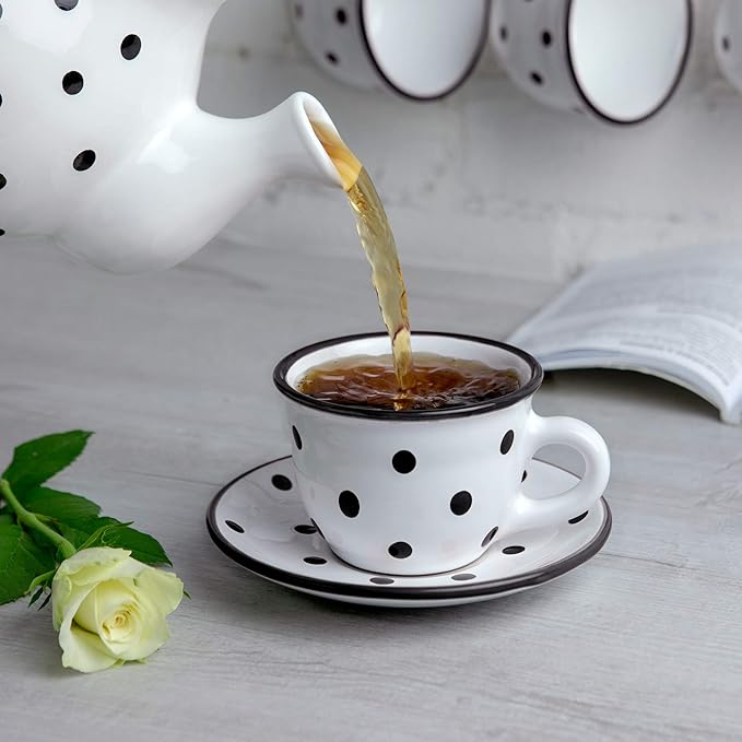 City to Cottage Handmade White And Black Polka Dot Ceramic 8.4oz/250ml | Cappuccino, Coffee, Tea Cup and Saucer, Unique Designer Pottery for Tea Lovers