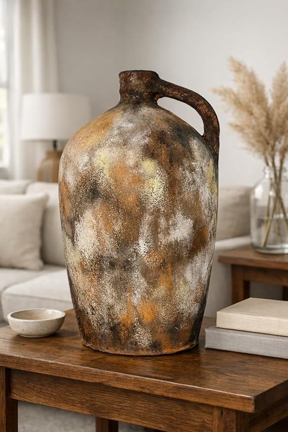 Zorvia Handcrafted 11-Inch Terracotta Jug Vase with Handle – Naturally Pigmented Rustic Earthen Clay Decorative Pot, Artisan Pottery Accent for Farmhouse, Living Room, Bedroom, Shelf & Table Décor