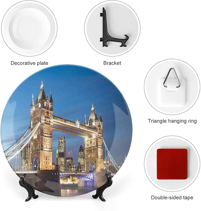 XISUNYA 10 Inch Decorative Plate, London Tableware Plate, Scenery of Landmark Tower Bridge at Twilight Print Ceramic Wall Hanging Decor Accessory for Dining Table Tabletop Home Decor, Blue and Ivory