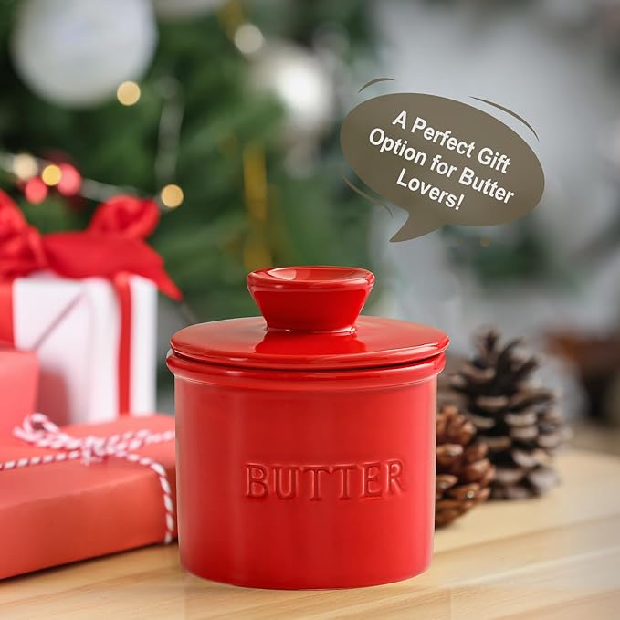 Butter Crock with Lid for Countertop - Ceramic French Butter Dish for Spreadable Soft Butter, Butter Container Holder with a Water Seal, Housewarming Gift, Kitchen and Home Decor, Red