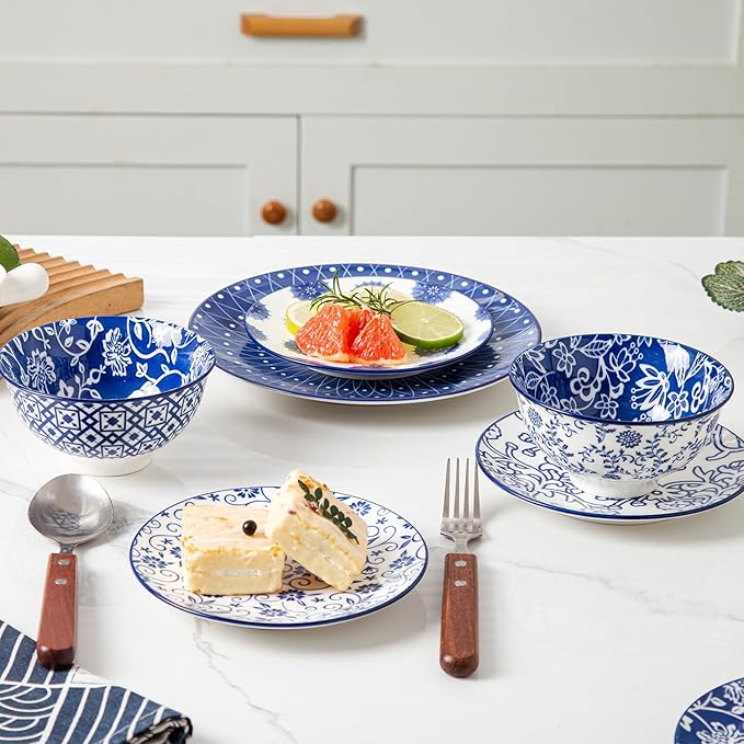 Ceramic Dessert Plates Set - 6 Inch Mini Appetizer Plates for Kitchen - Small Salad Plate for Cake Snacks Side Dish, Microwave Dishwasher Safe, Gift, Vintage Blue