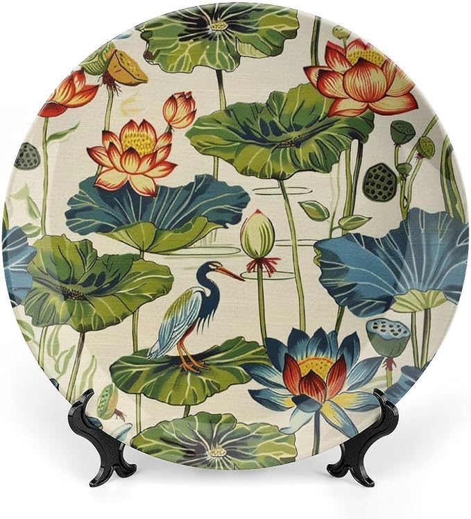 Birds And Lotus Flowers Plates Ceramic for Display Kitchen Art Decoration Supplies Wall Club Holiday Party Decorations Customize Gifts for Men Women Birthday, 6", 7", 9", 10"