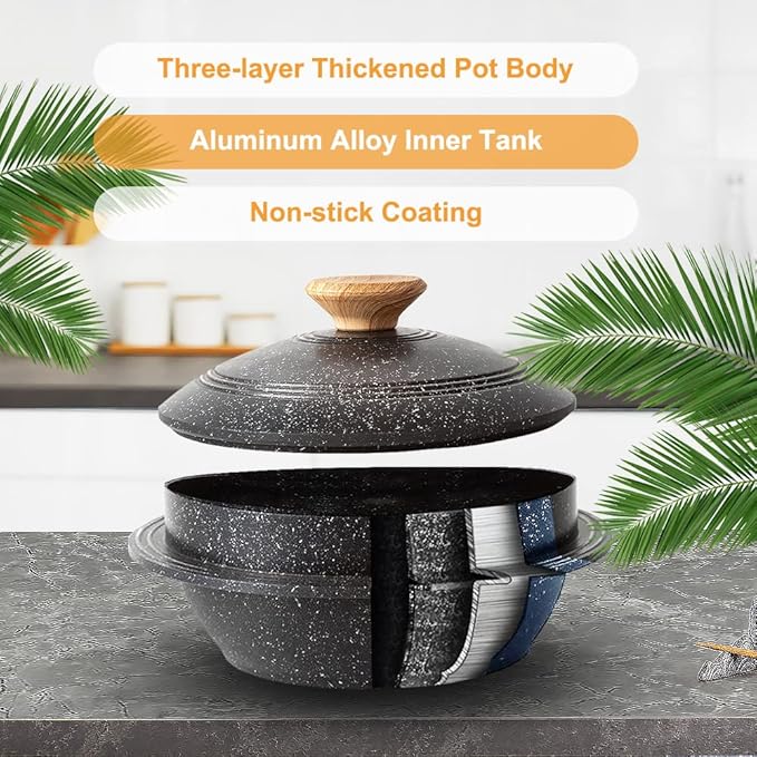 Cast Aluminum Pot with Lid, 72 oz Non-Stick Casserole Dish Korean Stone Bowl Induction Compatible, 2150 ml - Black