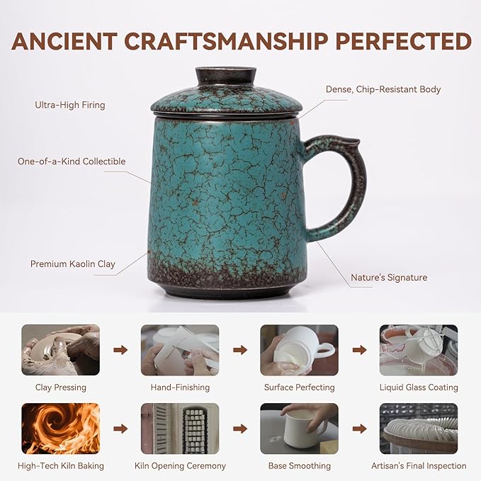 Ceramic Tea Mug with Infuser & Lid, 15oz Kiln-Transformed Unique Cup – Nature's Artisan Design, Loose Leaf Tea Cup with Infuser, Insulated Ceramic Coffee Mugs with Lid, Gift for Women/Men