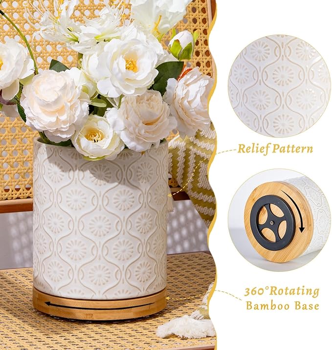 TEATALK Ceramic Utensil Holder Set, 360° Rotating Organizer for Countertop, Farmhouse Vintage Style, Large and Small Crocks in White，7.7"+5.7"