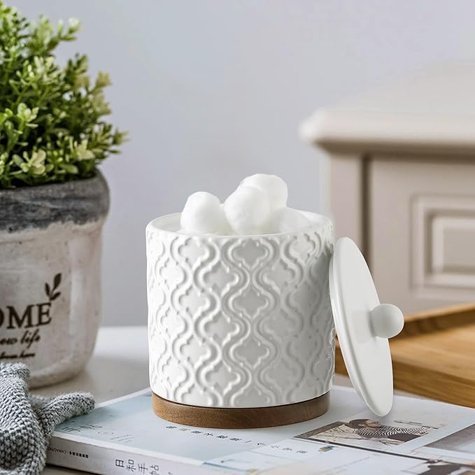 Elegant 5 PCS Ceramic&Wood Bathroom Accessories Set:Soap Dispenser,Toothbrush Holder,Tumbler,Soap Dish,Cotton Swab Jar,Easy to Clean,Quatrefoil Pattern,White-Affordable Home Luxury