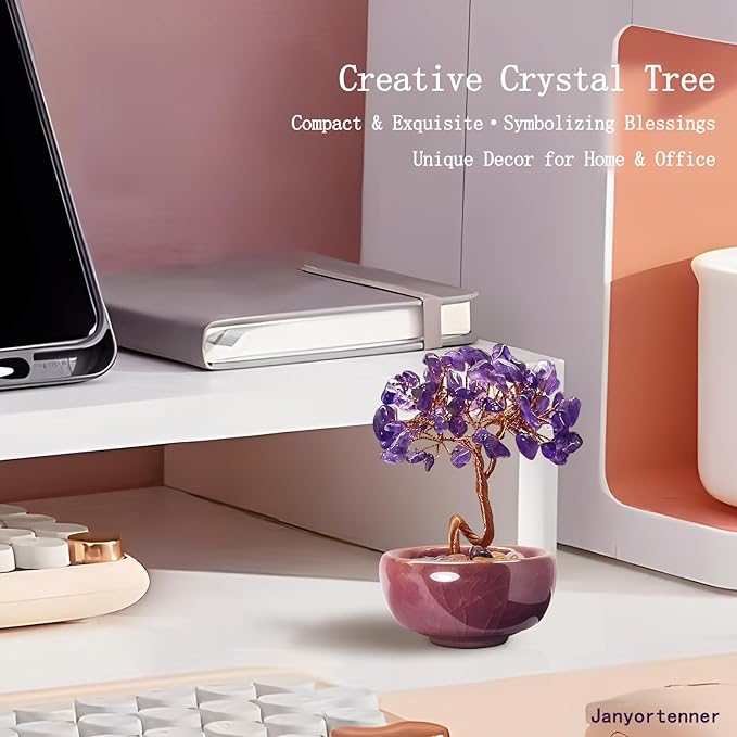 Mini Amethyst Crystals Tree of Life,Mystical Energy Home Office Desk Decor,Handmade Crystal with Copper Wire and Crackle Glaze Base,Spiritual Gift