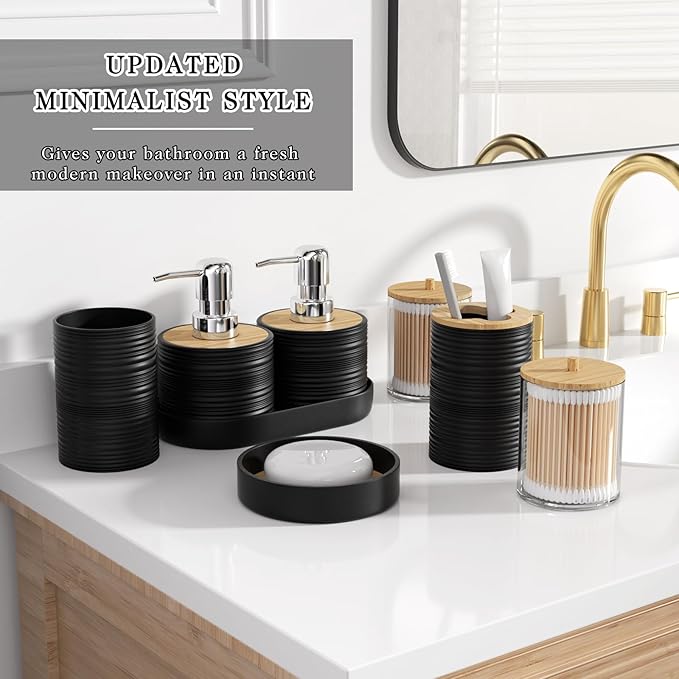 Black Bathroom Set - 10PC Bathroom Accessories Set, Luxury Bathroom Accessory Set with Trash Can,Toilet Brush & 2 PC Soap Dispensers for Apartment Decor and Housewarming