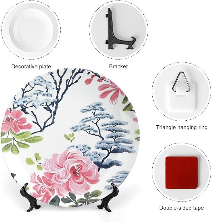 Chinoiserie Asian Floral Ceramic Decorative Plate for Display Pink Flowers in White Festival Wedding Supplies Wall Household Holiday Party Decorations Customize Gifts for Men Women Wedding