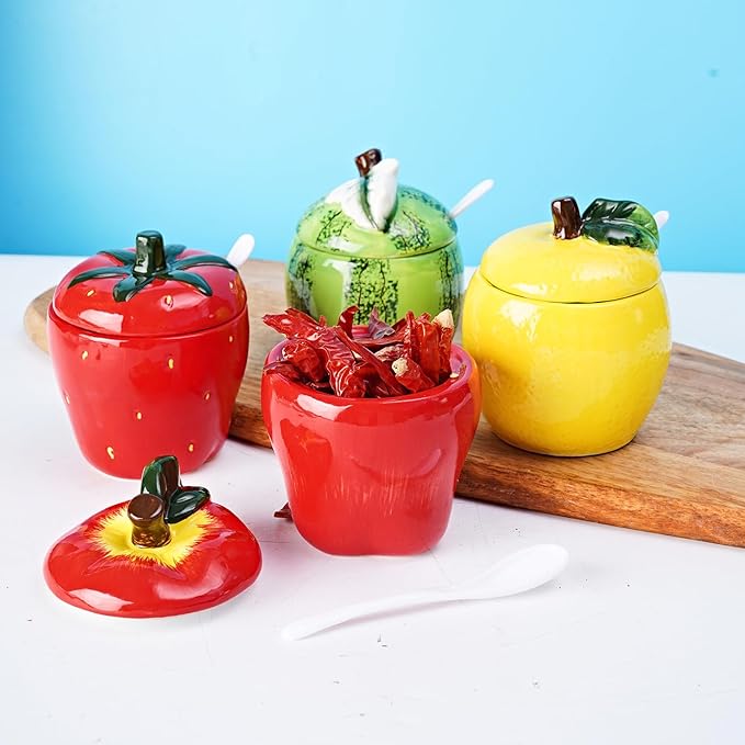 Hand-painted Ceramic Fruit Shape Sugar Bowl Spice Jar Seasoning Pot with Lid Spoon (Watermelon)