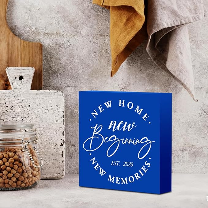 MUBIAO Rustic 2026 New Home Housewarming Gifts Ideasfor Women Men Friend Home Desk Shelf Decor - 5.1 x 5.1 Inches New Memories Decor Accessories - Blue