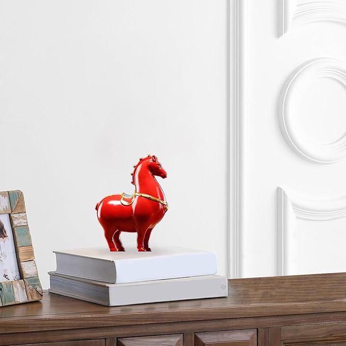 Horse Statue Chinese Ceramic Horse Figurine Red Tang Dynasty Style Sculpture Art Decor for Home Office Desk & Shelf, Ich Dekor