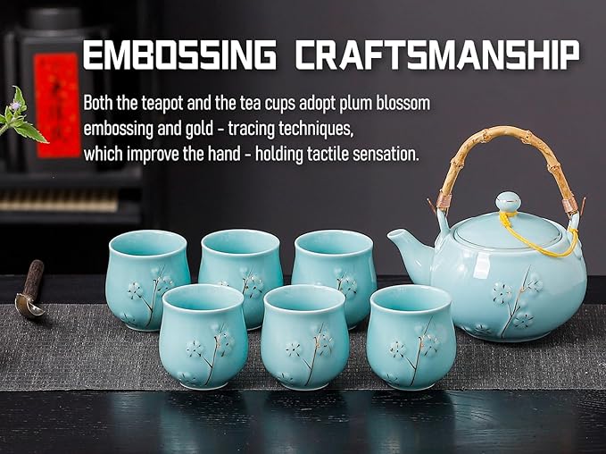 Japanese Tea Set with 1 Teapot(23 oz/660ml), 6 Tea cups(5.3 oz/150ml), 1 Tea Tray, 1 Stainless Infuser, Golden plum blossom relief,Chinese gungFu tea set (Golden plum-Blue)