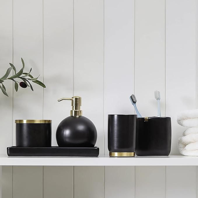 Bathroom Accessories Set, 5-Piece Ceramic Bath Accessory Complete Set with Lotion Dispenser/Soap Pump, Cotton Jar, Vanity Tray, Tumbler and Toothbrush Holder (Black and Gold)