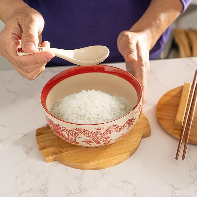 Urban Tokyo Japanese Kamameshi Style Ceramic Glazed Japanese Ramen Udon Pho Noodle Bowl With Spoon, Bamboo Lid, Chopsticks and Trivet 5 Piece Set (Red Dragon)