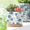 Set of 1 Chinoiserie Blue Floral Small Pot for Flowers Mughal Flower Ceramics Planter with Drainage Bamboo Trays Chinoiserie Chic Pots for Succulents Indoor Birthday Gift for Mom Women
