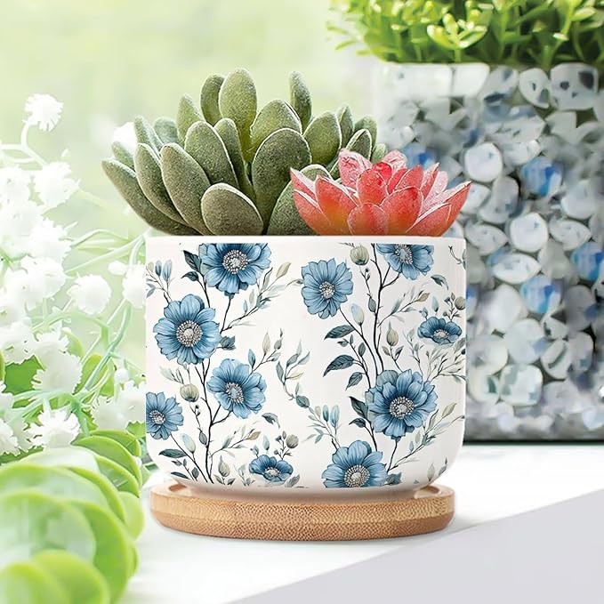 Set of 1 Chinoiserie Blue Floral Small Pot for Flowers Mughal Flower Ceramics Planter with Drainage Bamboo Trays Chinoiserie Chic Pots for Succulents Indoor Birthday Gift for Mom Women
