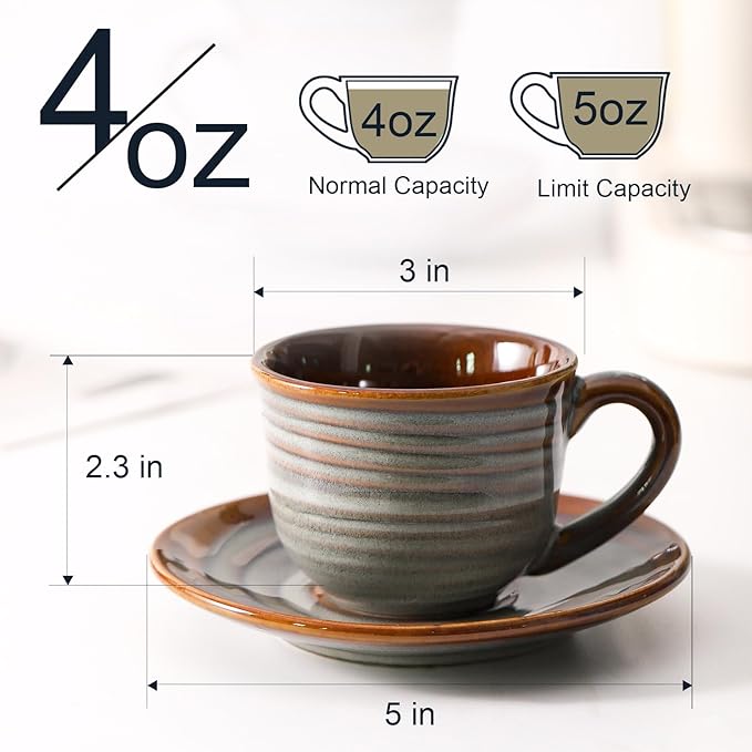 Hasense Espresso Cups with Saucers, 4 oz Small Ceramic Espresso Coffee Mugs Set of 4, Cute Cappuccino Cup Set, Demitasse Cups Perfect for Espresso Shots, Cappuccino, Tea-Grey Brown